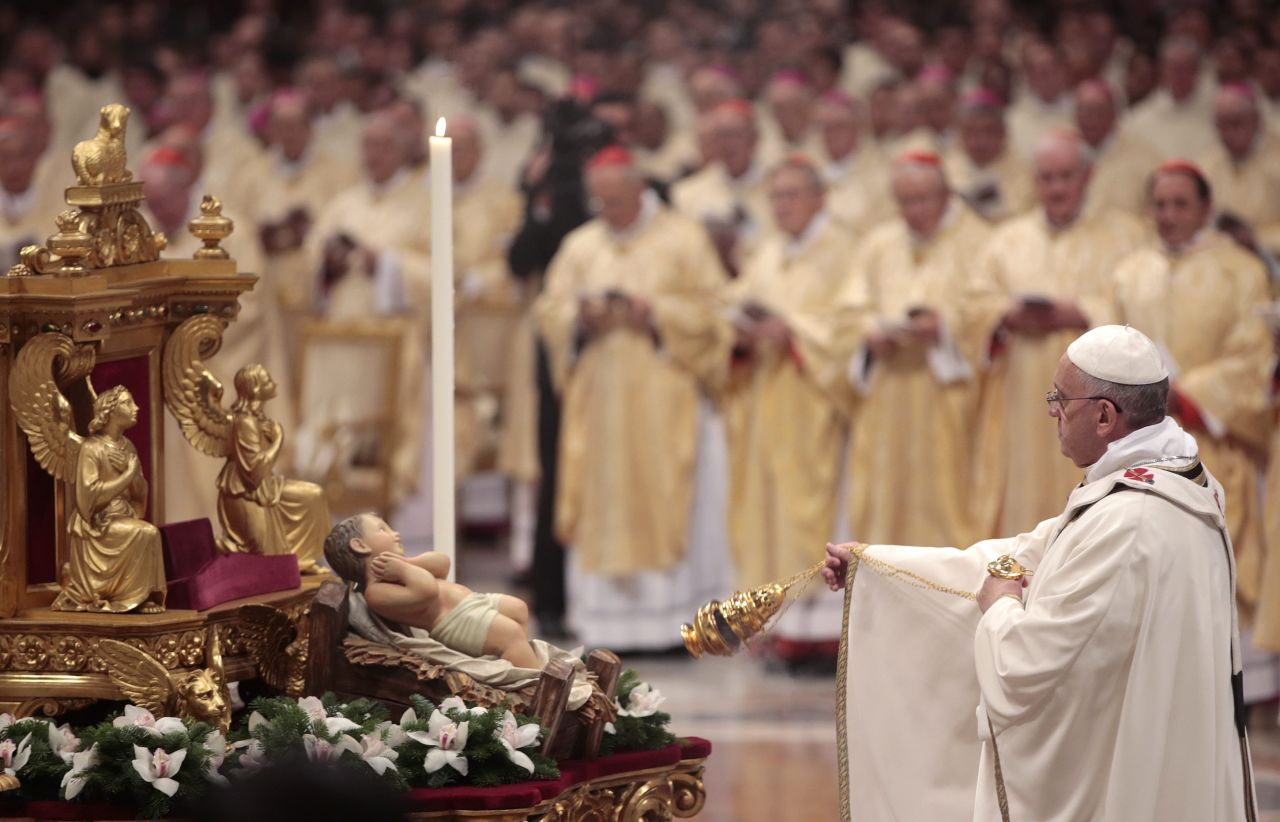 The Pope leads the Christmas Eve Mass. "People are listening to him, because he's speaking in a language that's not Vaticanese," said Gerald O'Connell, a Vatican analyst. "He's speaking the language of ordinary people." 