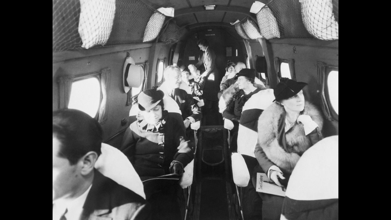 In 1933, passengers fly on the first modern commercial airliner, a Boeing 247. The twin-engine plane could carry 10 passengers, and its top speed was 200 mph.