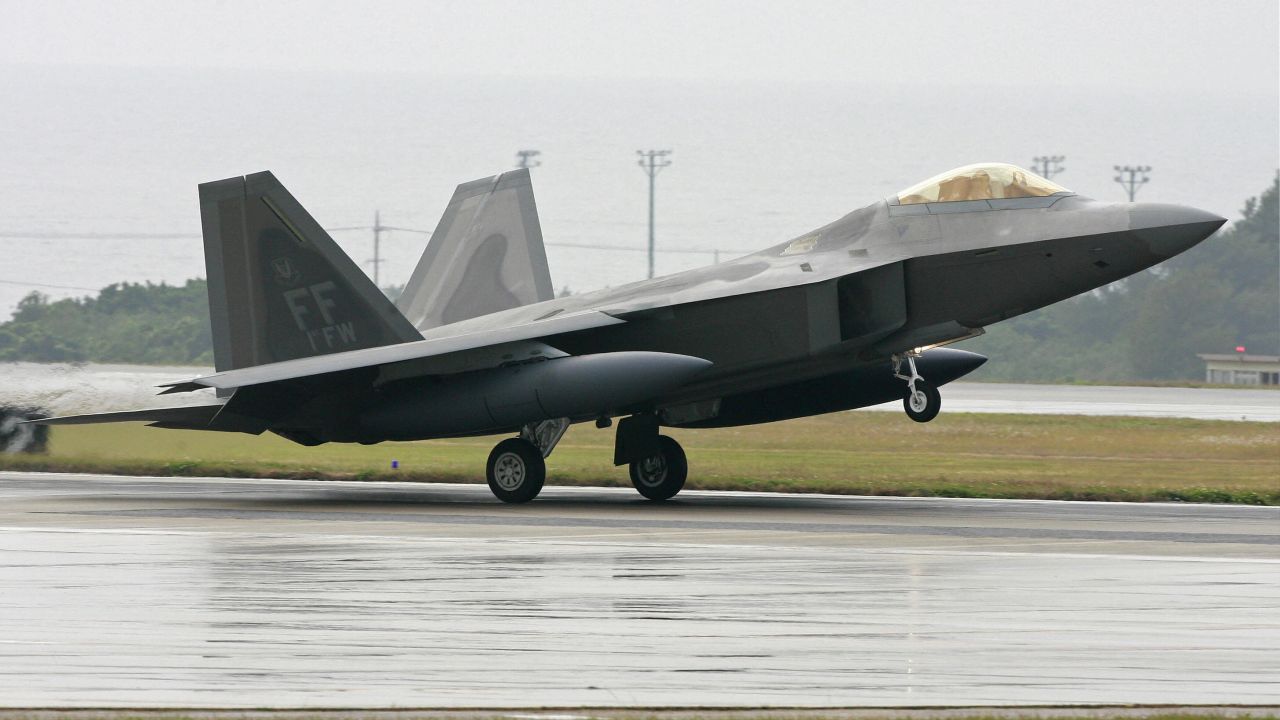 A U.S. Air Force fighter lands at Kadena U.S. Air Base in Okinawa.