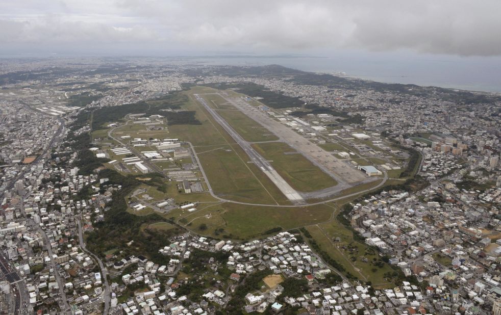 An aerial view of the U.S. Marine Corps' Futenma Air Station in Okinawa Prefecture, southern Japan. Okinawa Gov. Hirokazu Nakaima approved landfill work on December 27 to relocate the controversial U.S. military base, breaking 17 years of stagnation on the base's transfer plan, the government of Okinawa said Friday.