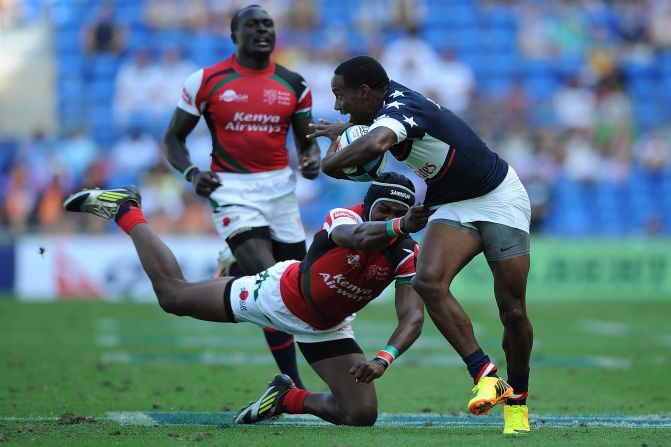 The winger has become a key member of the U.S. international team -- here scoring a try against Kenya at the Gold Coast Sevens in Australia in October 2013.