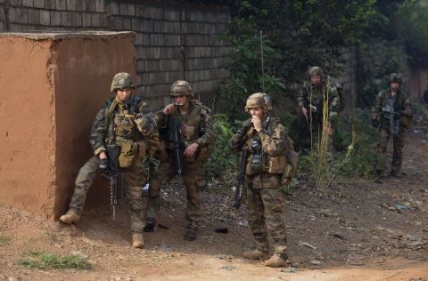 French soldiers patrol the Fouh district in Bangui on December 28.