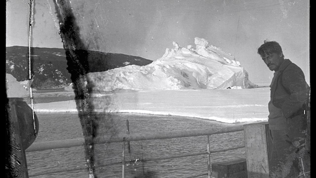 A print from a 1914 negative found at Scott's last hut at Cape Evans shows Ernest Shackleton's scientist, Alexander Stevens, on the deck of the Aurora.