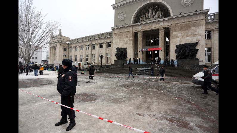 Russian security forces stand guard outside a train station in Volgograd, following a suicide bomb attack on Sunday, December 29.