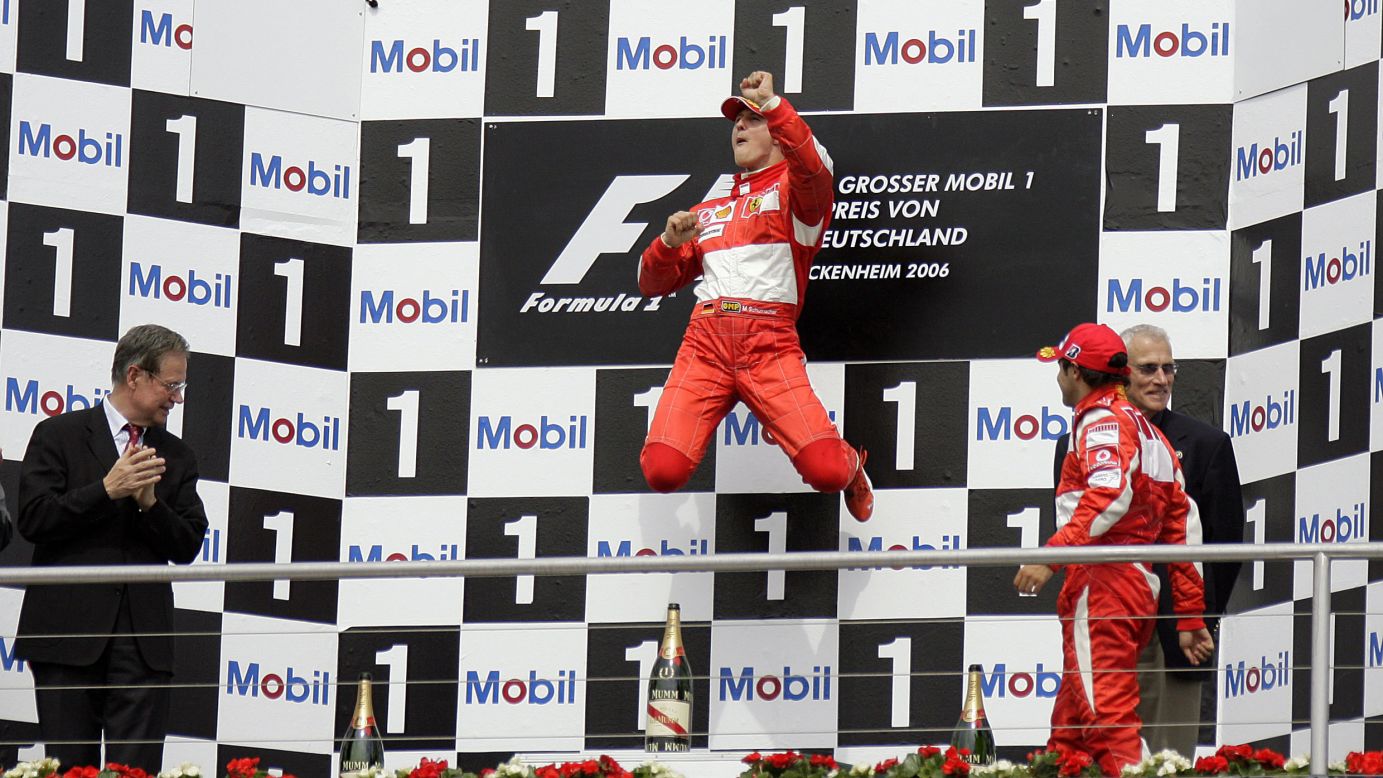 Schumacher celebrates his win at the Formula 1 Grand Prix of Germany in 2006 in Hockenheim, Germany.