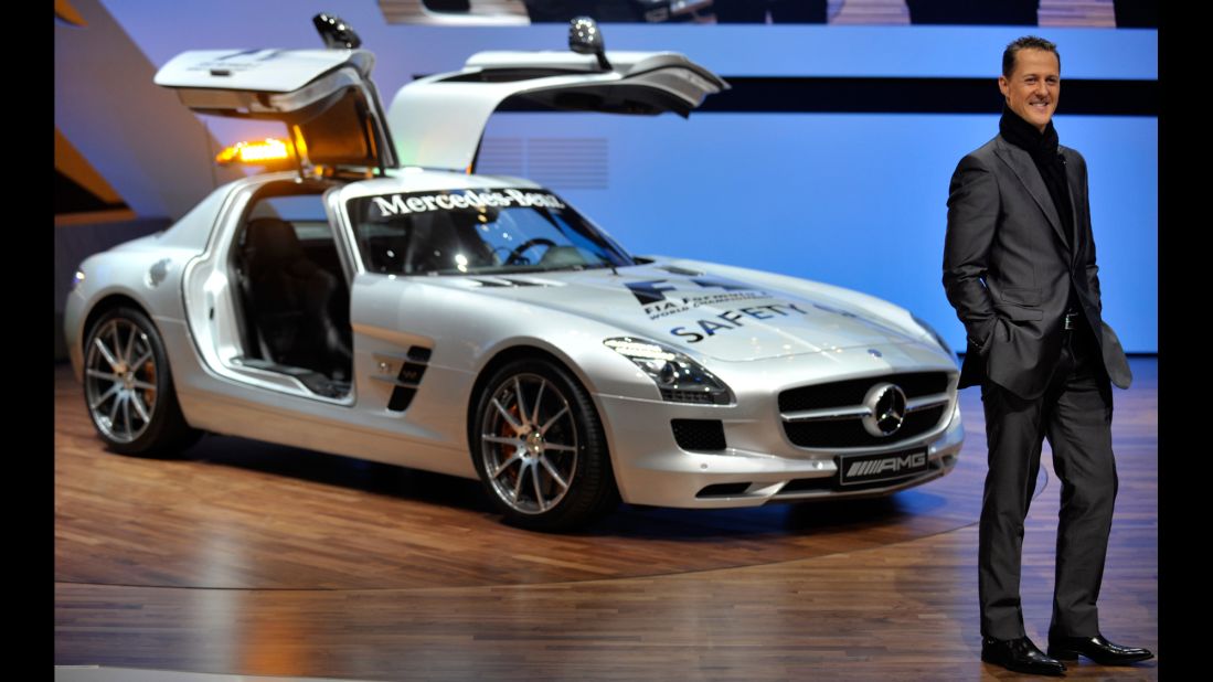 Shumacher presents the new Mercedes SLS AMG, also the 2010 Formula 1 safety car, in Geneva in 2010.