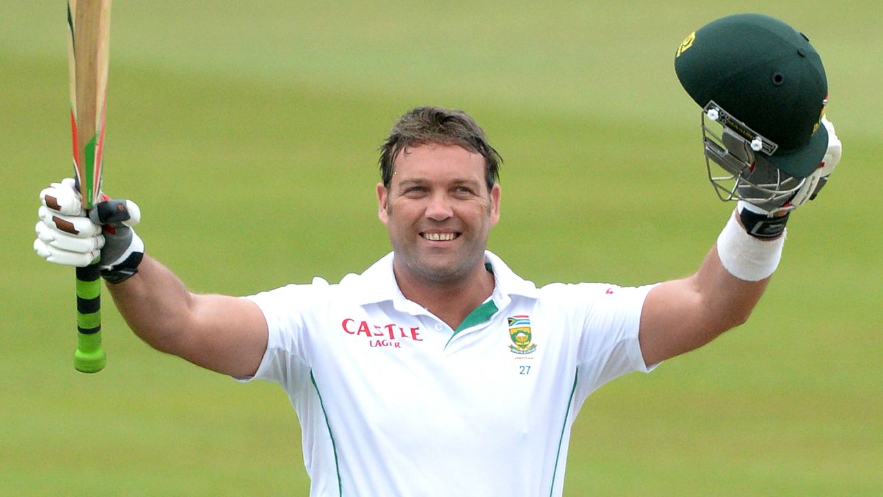 South Africa's Jacques Kallis celebrates his 45th Test century in his final match against India at Sahara Stadium Kingsmead.