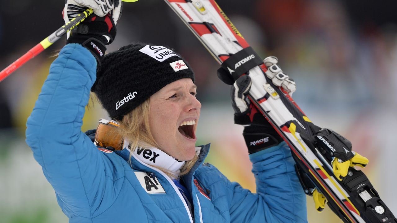 Marlies Schild celebrates after winning the World Cup slalom race in Lienz, Austria on December 29.