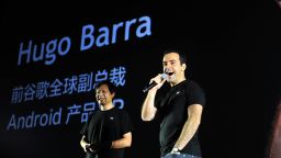 BEIJING, CHINA - SEPTEMBER 05: (CHINA OUT) Former Google vice president Hugo Barra (R) and Xiaomi CEO Lei Jun (L) attend the launch of the new Xiaomi smartphone and Xiaomi TV at National Convention Center on September 5, 2013 in Beijing, China.