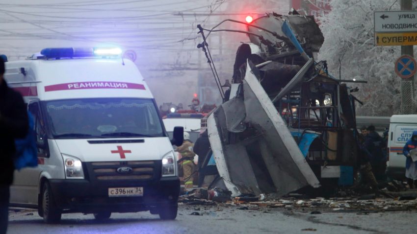 An ambulance leaves the site of a trolleybus explosion in Volgograd, Russia on Monday, a day after a deadly suicide bombing at the city's main railway station.