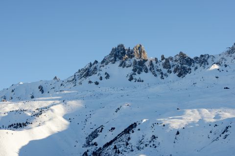The "Dent de Burgin" peak in the French ski resort of Meribel under which the retired German driver reportedly had his skiing accident. 