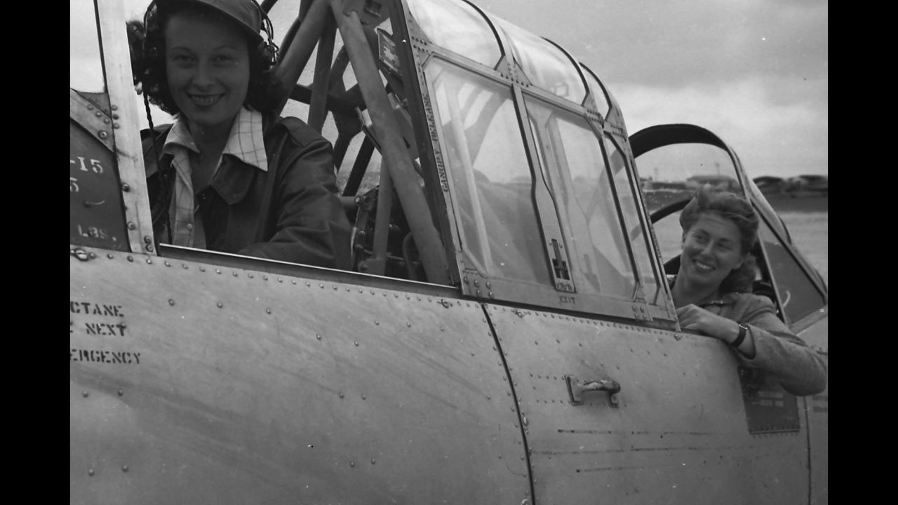 Anna Franckman and Betty Deuser in the cockpit of a  BT-13.