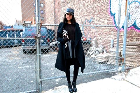 Janelle Lloyd of the street fashion and decor blog <a href="http://www.girlsofffifth.com/" target="_blank" target="_blank">Girls Off Fifth</a> makes an all-black ensemble look luxe by mixing textures like soft leather, wooly knits and quilting detail.