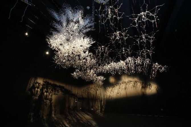 Philip Beesley's "Epiphyte Chamber" is a giant, delicate structure that reacts to and mimics human movement. The structure casts shadows on the wall, creating an intimate chamber in which the visitor can influence the art. 