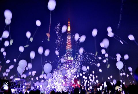 Balloons are released in Tokyo to celebrate 2014.