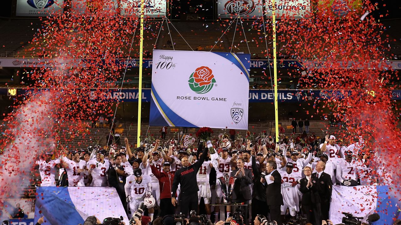 The Stanford Cardinal celebrates their invitation to play the 100th Rose Bowl game, battling Michigan State.