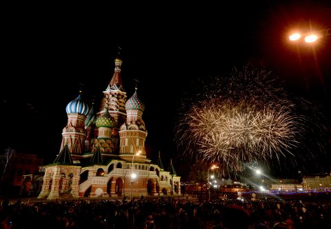 Fireworks light up the sky over St. Basil's Cathedral in Moscow's Red Square as Russians welcome the new year. 