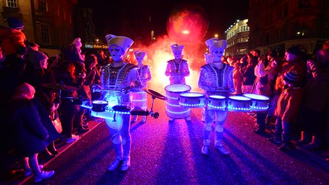 Drummers perform at the New Year's Winter Carnival in Newcastle, England.