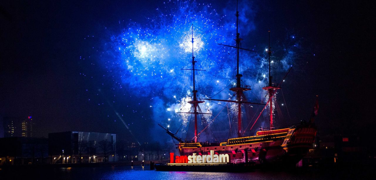New Year's celebrations take place near the National Maritime Museum in Amsterdam.