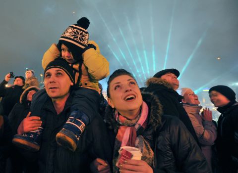 People take part in New Year's celebrations at Independence Square in Kiev, Ukraine.