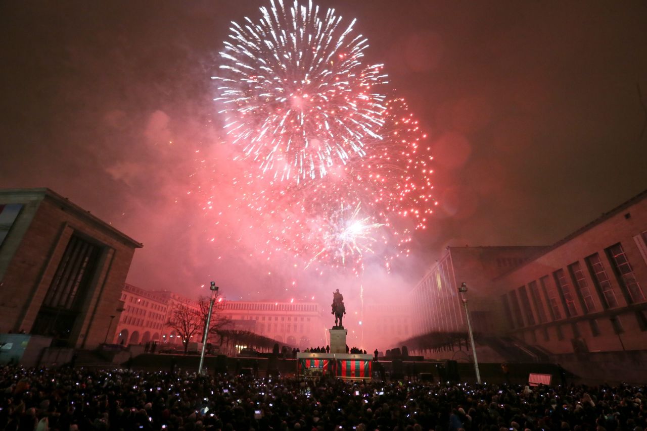 Thousands of people attend New Year's celebrations at Mont des Arts in Brussels, Belgium.
