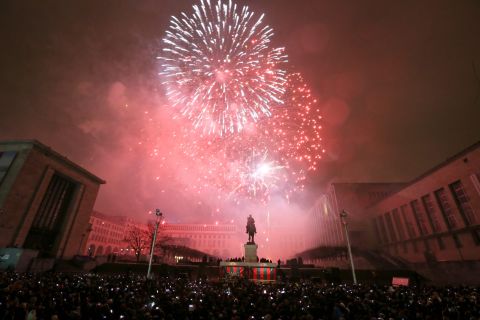 Thousands of people attend New Year's celebrations at Mont des Arts in Brussels, Belgium.