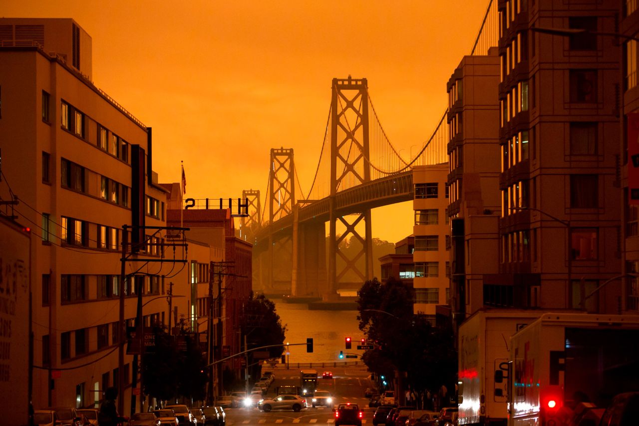The San Francisco Bay Bridge is seen along Harrison Street under a smoke-filled sky in San Francisco, California, on September 9.