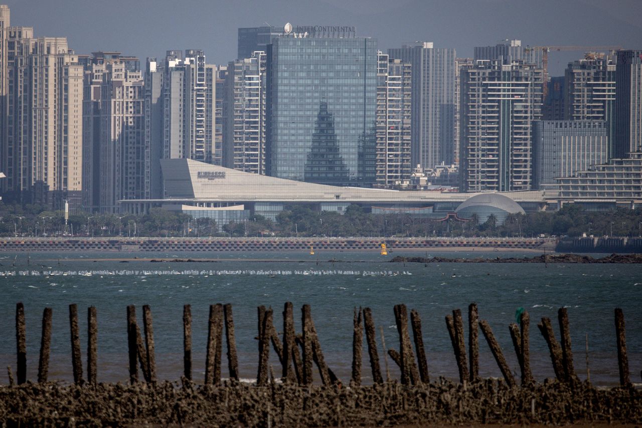 Anti-tank fortifications from previous conflicts line the beach in front of the Chinese city of Xiamen on April 9, in Kinmen, Taiwan. 