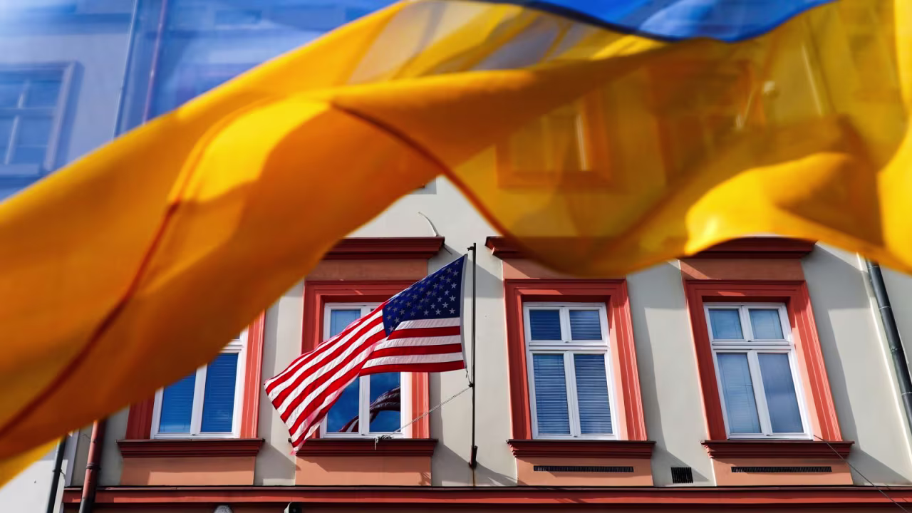 The Ukrainian flag is seen in front of the US Consulate General in Krakow, Poland, on March 10, 2022.