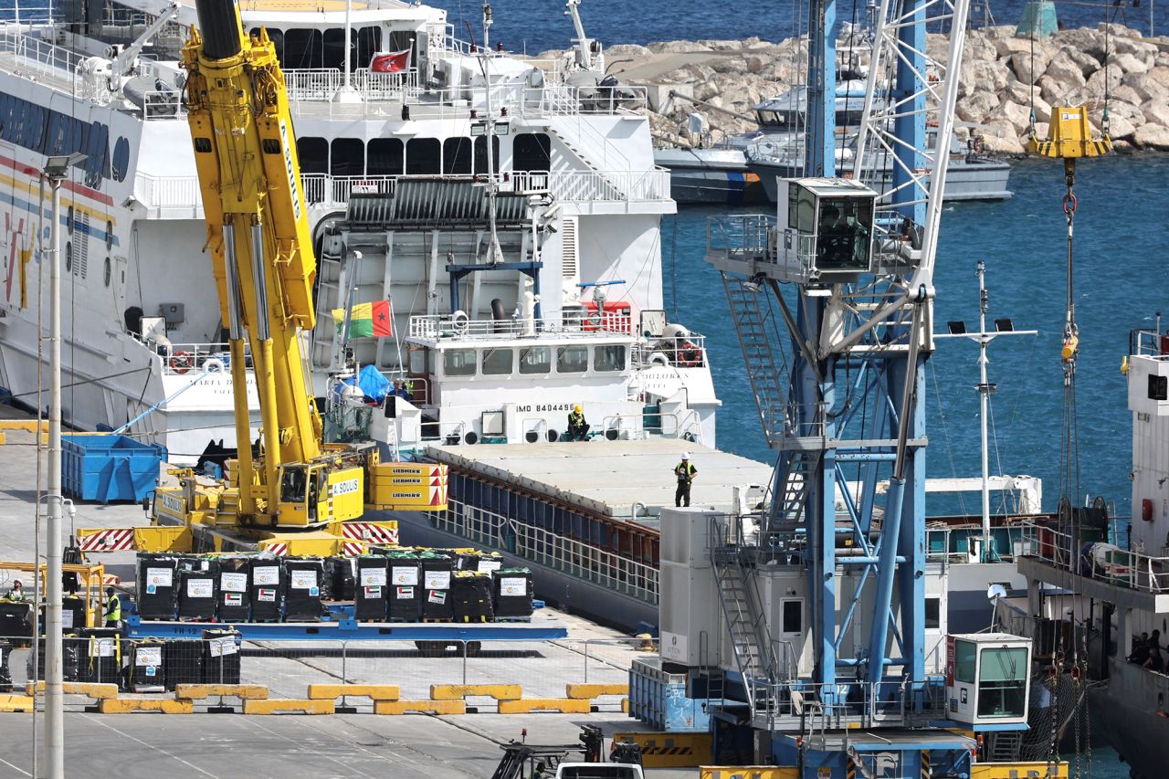 Humanitarian aid for Gaza is loaded on a cargo ship in the port of Larnaca, Cyprus, on March 14.