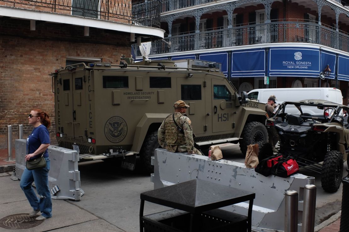 An armored police truck blocks part of Bourbon Street in the French Quarter on February 4.