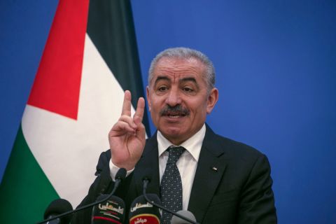 Palestinian Prime Minister Mohammad Shtayyeh gestures as he talks to reporters during a press conference in Ramallah on May 5.