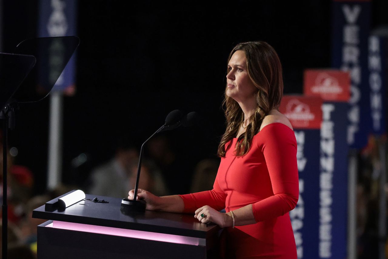 Arkansas Gov. Sarah Huckabee Sanders speaks on stage on the second day of the Republican National Convention on Tuesday, July 16, in Milwaukee. 