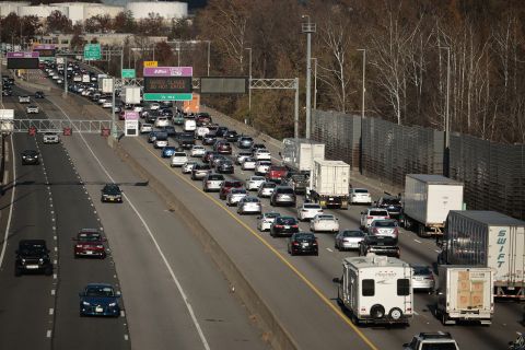 Traffic travels northbound along I-95 on November 23, 2021 in Lorton, Virginia. 