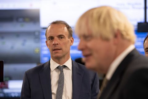 Dominic Raab and Prime Minister Boris Johnson visit The Foreign, Commonwealth and Development Office Crisis Centre at the Foreign Offices in August 2021.