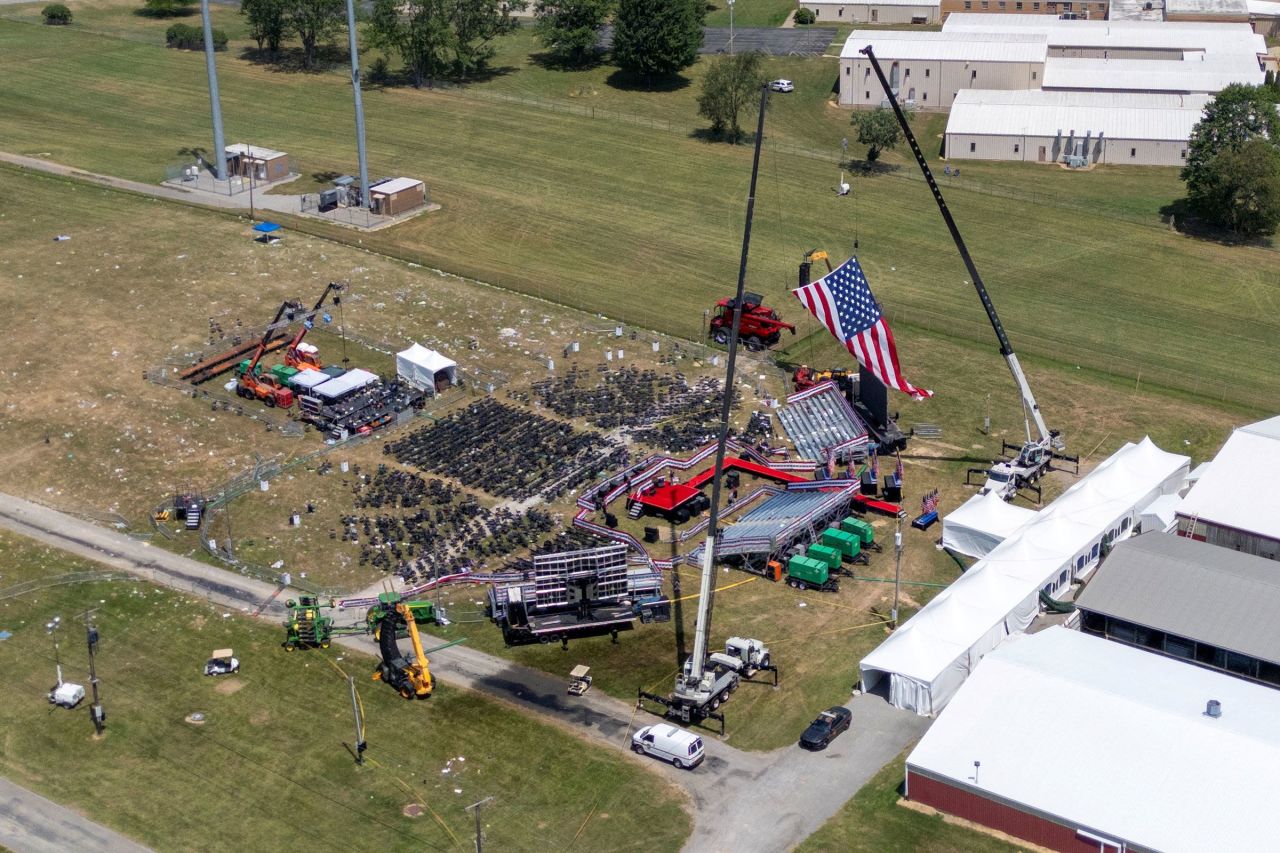 A drone view shows the stage where former President Donald Trump had been standing during an assassination attempt the day before, and the roof of a nearby building where a gunman was shot dead by law enforcement, in Butler, Pennsylvania, on July 14.