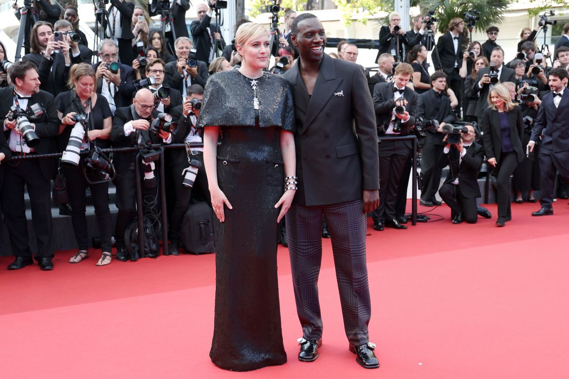 Greta Gerwig in Chanel and Omar Sy in Burberry on May 16.