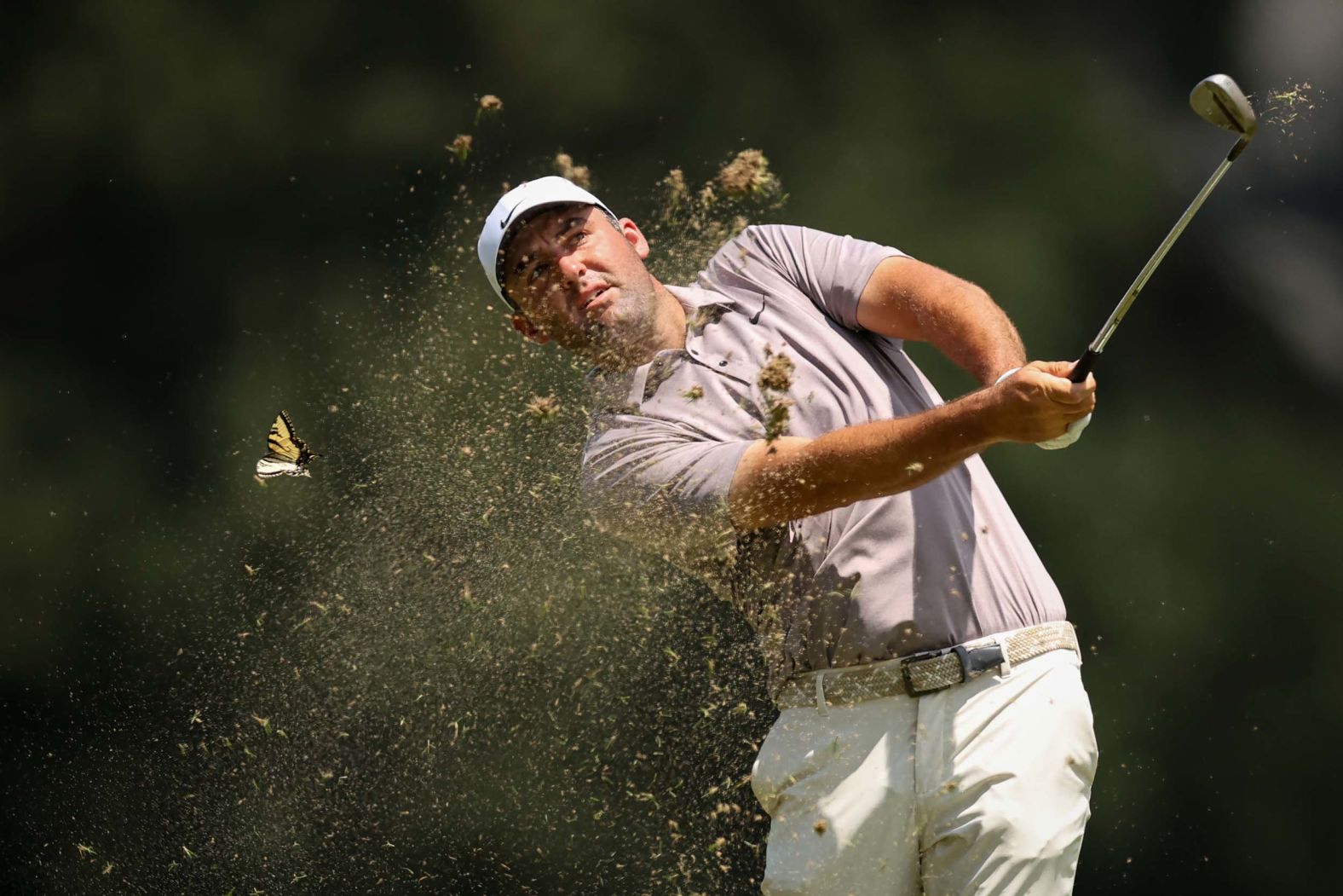 A butterfly flies past Scottie Scheffler as he hits an approach during the final round of the FedEx St. Jud Championship in Memphis, Tennessee, on Sunday, August 10.