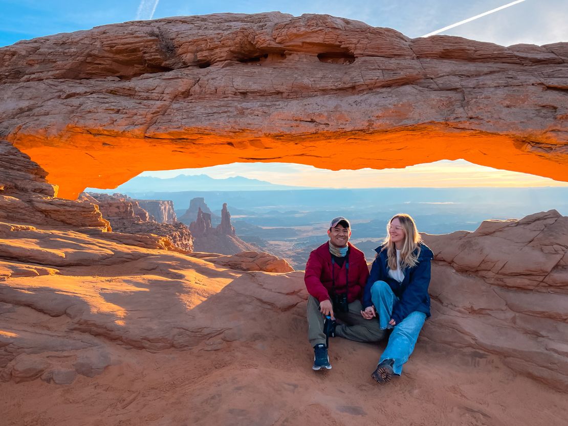 Manny and Laura at sunrise in Canyonlands National Park in Utah.