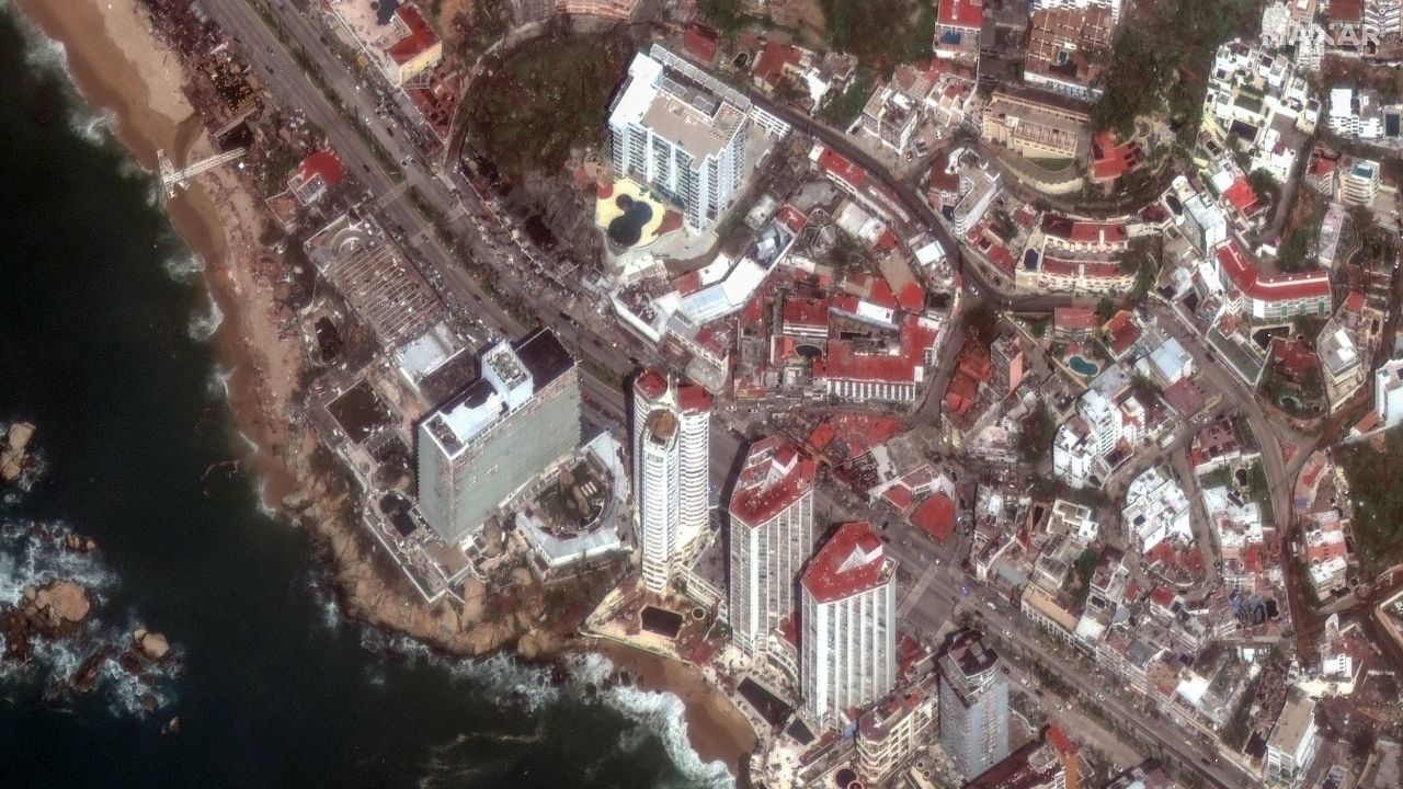 Damaged hotels along a beach in Acapulco, Mexico, on October 26.