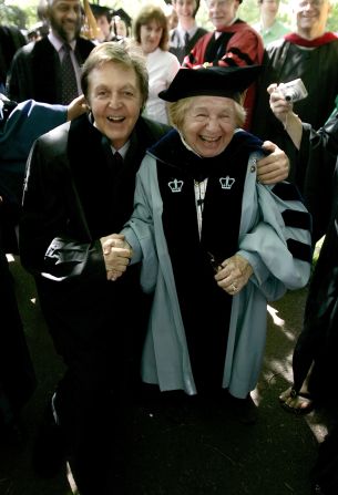 Sir Paul McCartney shakes hands with Westheimer at Yale University's commencement ceremonies in New Haven, Connecticut, in May 2008. McCartney was awarded an honorary doctor of music degree.