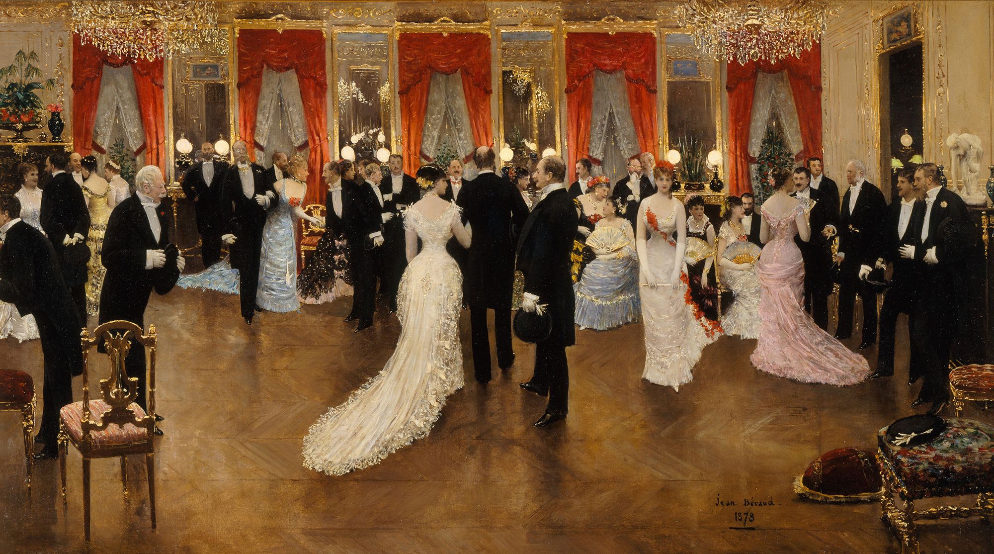 During the mid-1800s, elaborate costume balls were all the rage in France — with painters such as Jean Béraud, whose work "Une Soirée" (1878) is shown here, depicting the extravagant Charles Frederick Worth's gowns worn to these events.