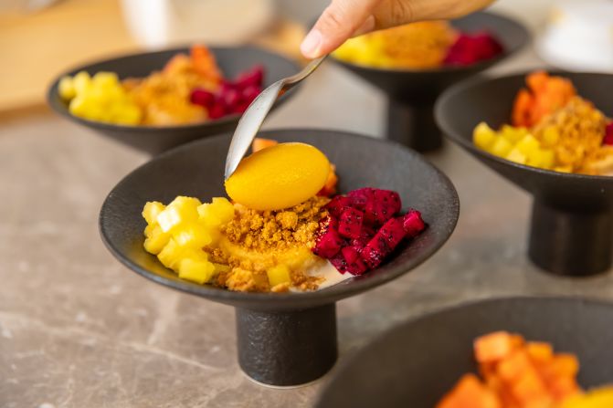 The duo put their own twist on classic Colombian dishes, such as Tres Leches, a cake that combines three types of milk. Instead, Torregrosa and Melendez used rich coconut milk and a crunchy coconut crumble, served with tropical fruit and mango sorbet.