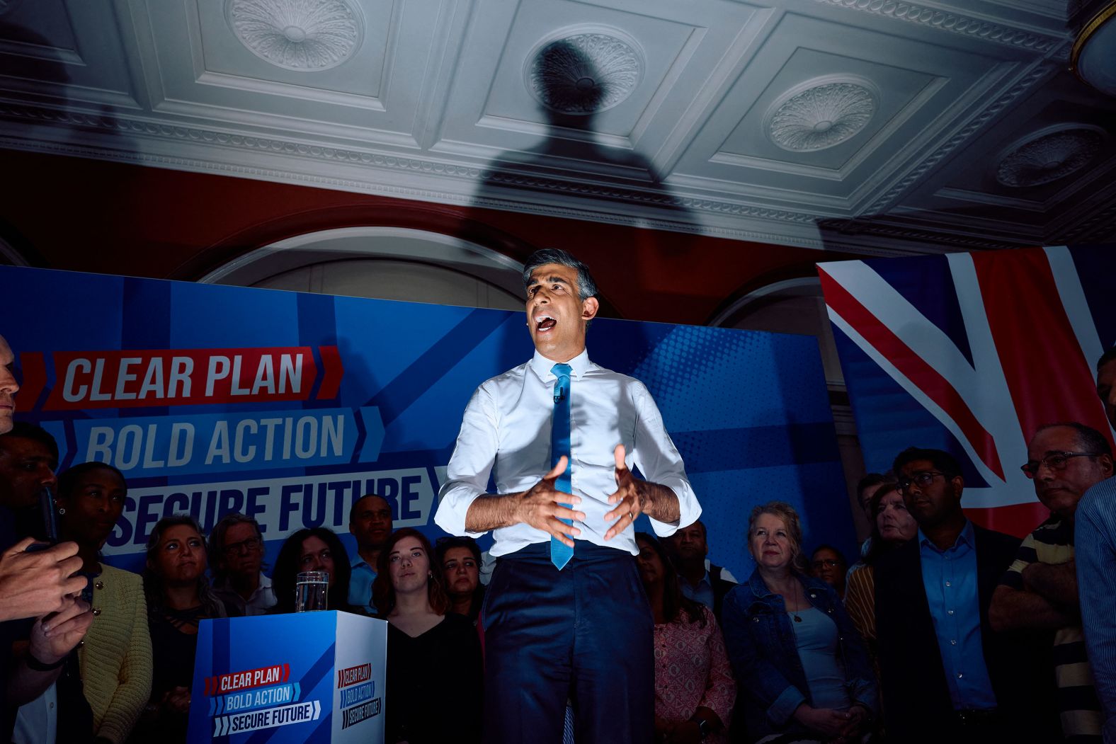British Prime Minister Rishi Sunak delivers a campaign speech in London on Monday, June 24. Sunak is preparing for July 4th’s general election, <a href="index.php?page=&url=https%3A%2F%2Fwww.cnn.com%2F2024%2F05%2F22%2Fuk%2Fuk-early-elections-sunak-conservatives-intl%2Findex.html">which he surprisingly called for last month</a>. Sunak was required to hold a vote by January 2025.