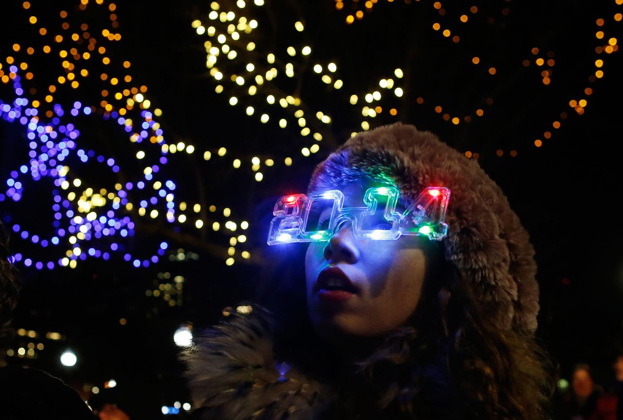 Isabel Lord wears a pair of 2014 glasses during First Night in Boston, Massachusetts, on December 31.