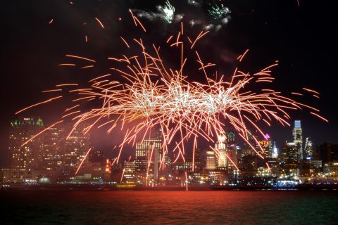 Fireworks explode above the Philadelphia, Pennsylvania, skyline as part of New Year's celebrations on January 1.