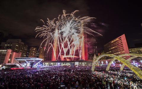 Fireworks explode during Year's Eve celebrations in Toronto, Canada.