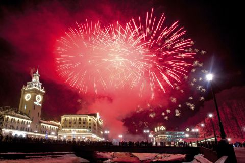 Fireworks explode above the central square of Rosa Khutor ski resort, a venue of the 2014 Winter Olympics, in Krasnaya Polyana, near Sochi, Russia during New Year's celebrations.