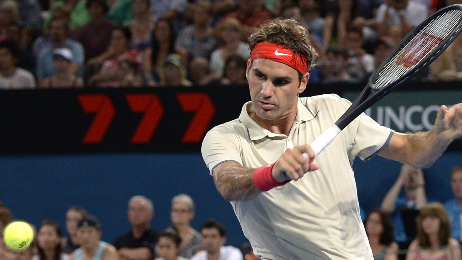 Roger Federer is the picture of concentration during his straight sets victory over Jarkko Nieminen in Brisbane on New Year's Day.