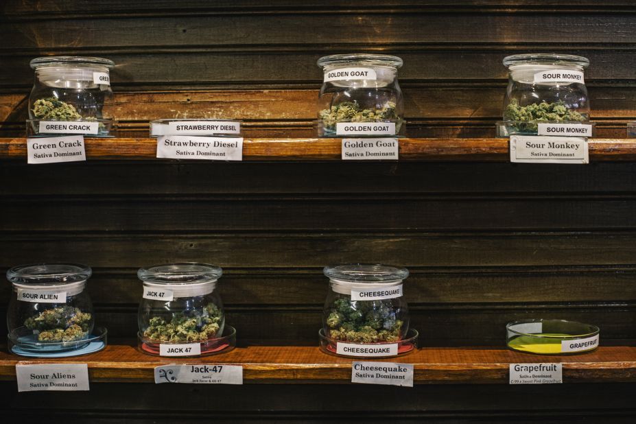 Different strains of marijuana are displayed in the Evergreen Apothecary.